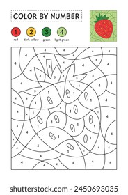 Coloring page with a picture of strawberry to color by numbers. Color sheet for children education. Simple coloring for kids