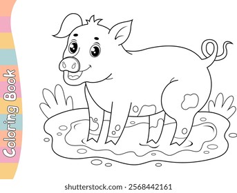 Coloring page pig in the mud. Coloring book. Coloring page. Vector illustration.