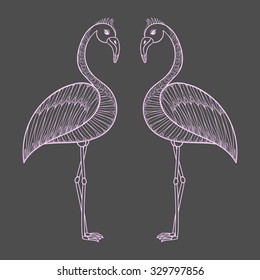 Coloring page with pink Flamingo birds, zentangle illustartion tribal totem bird for adult Coloring books or tattoos with high details isolated on background. Vector monochrome sketch of exotic bird.