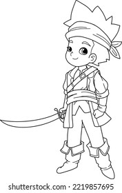 Coloring page pirate boy cartoon holding a sword,vector illustration