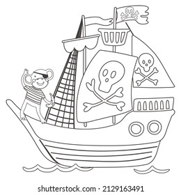 Coloring page with a pirate ship and a cute monkey. Outline vector illustration. Black and white illustration for a coloring book.