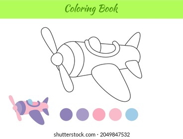 Coloring page plane for children. Educational activity page for preschool years kids and toddlers with transport. Printable worksheet. Cartoon colorful vector illustration.