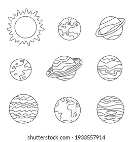 Coloring page with planets of Solar system. Black and white picture.