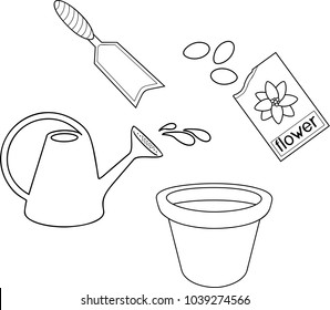 Coloring page. Planting tools