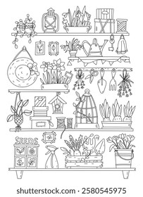 Coloring Page Of Plants Flowers And Gardening Tools On Shelves For Kids And Adults