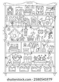 Coloring Page Of Plants Flowers And Gardening Tools On Shelves For Kids And Adults