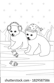 Coloring page with polar bear cubs wearing Christmas caps and mittens at the north pole during Christmas. colorless vector outline stock illustration in a4 format for winter