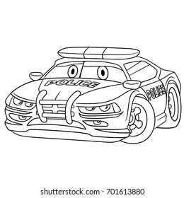 Coloring page of police car. Cartoon emergency transport. Coloring book design for kids and children.