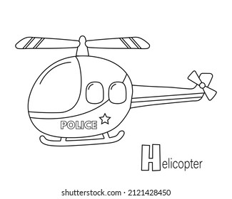 Coloring Page Of Police Helicopter. Kids Illustration. Vector Illustration