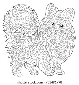 Coloring page of pomeranian, dog symbol of 2018 Chinese New Year. Freehand sketch drawing for adult antistress colouring book with doodle and zentangle elements.