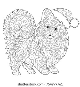 Coloring page of pomeranian, dog symbol of 2018 Chinese New Year. Freehand sketch drawing for Merry Christmas greeting card or adult antistress coloring book with doodle and zentangle elements.