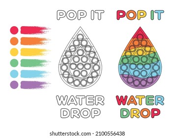Coloring Page  Pop it Water Drop Popular Toy  Drawing Lesson  Education for Children  Rainbow Color  Black   White Outline  Cartoon Style  Template  Printable  White background  Vector illustration 