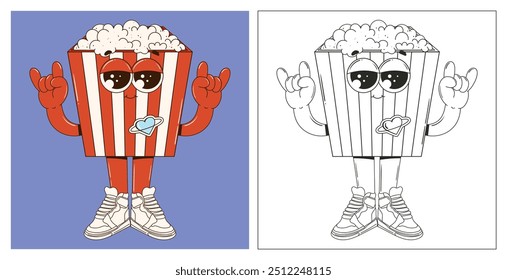 Dibujo para colorear de un personaje de palomitas de maíz con ojos, brazos y piernas en estilo groovy. Ilustración de un bocadillo de película. Caja lineal de palomitas en zapatillas para dibujar. Vector