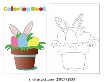 Coloring page. Pot with painted eggs and the ears of the Easter Bunny stick out from behind. 
