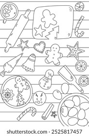 Coloring Page Preparation Of Christmas Gingerbread Cookies, Table Top View, Is A Stress Relief For Adults And Children