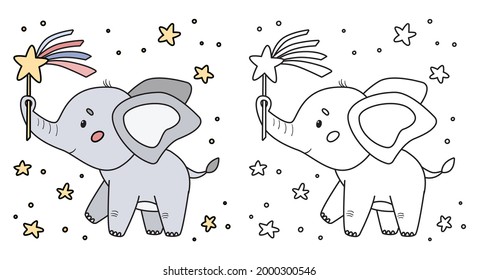 Coloring page for preschool children. Cute cartoon kawaii elephant with magic wand and stars. Educational game for kids. Black and white outline vector illustration.