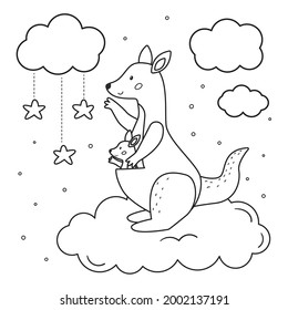 Página de coloreado para niños preescolares. Madre de dibujos animados con su bebé canguro. Animales en la nube con estrellas. Día de la madre. Ilustración vectorial de contorno en blanco y negro.