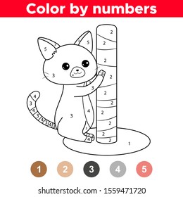 Coloring page for preschool children. Learn numbers and colors. The cat sharpens its claws. Kawaii cartoon kitten. Pets life.