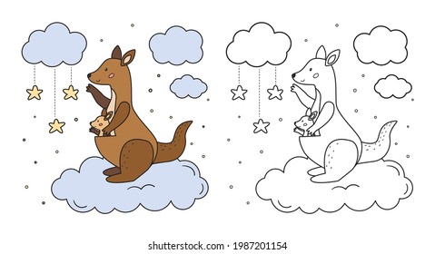 Coloring page for preschool children. Mother kangaroo and her baby on cloud. Cute cartoon animal character. Black and white outline vector illustration.