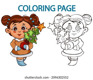 página de coloreado para niños preescolares con muestra de machos hembra en mitones y botas azules 
sosteniendo un árbol de navidad en sus manos