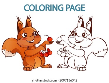 Coloring page for preschool with cute fluffy squrrel with rowan berries. Work sheet redy for print. 2d toon on white background