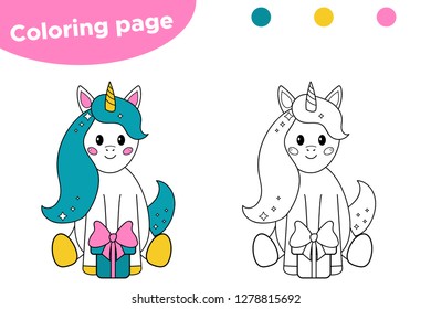 Coloring page for preschool kids. Cute cartoon unicorn with the birthday gift. Vector illustration.