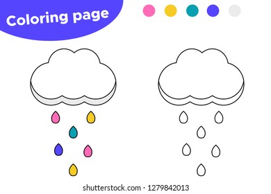 Coloring page for preschool kids. Cute cartoon cloud, rainbow rain. Vector illustration.