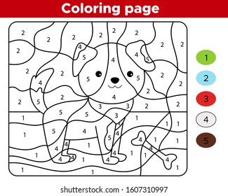 Coloring Page For Preschool Kids. Learn Numbers And Colors. Cute Kawaii Dog With Bone. Educational Game.