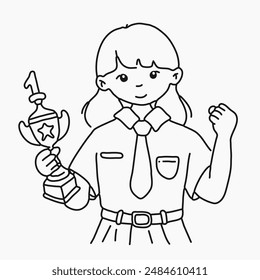 coloring page of pretty girl student holding trophy