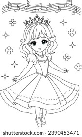 Coloring page a princess is dancing for kids