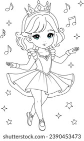 Coloring page a princess is dancing for kids