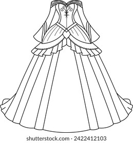 Coloring page of a princess dress for kids. Fashion illustration colouring book 