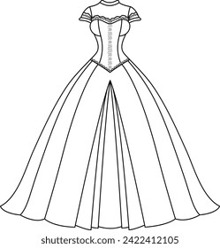 Coloring page of a princess dress for kids. Fashion illustration colouring book 