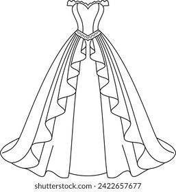 Coloring page of a princess dress for kids. Fashion illustration colouring book 