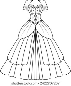 Coloring page of a princess dress for kids. Fashion illustration colouring book 