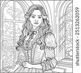 Coloring page with a princess with long, wavy hair and a detailed, ornate dress. Scenic landscape with trees and clouds. Black and white line art. Vector flat coloring page