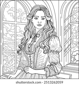 Coloring page with a princess with long, wavy hair and a detailed, ornate dress. Scenic landscape with trees and clouds. Black and white line art. Vector flat coloring page