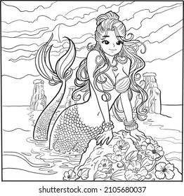 coloring page princess mermaid cartoon girl beautiful lineart illustration