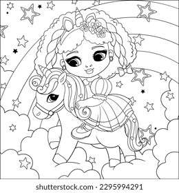 Coloring page princess unicorn and pony. Cute unicorn coloring page for kids.