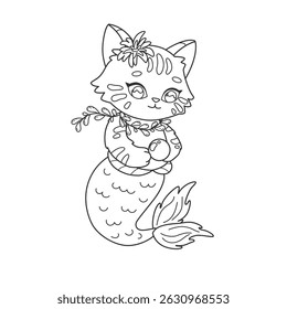 Coloring page to print with kitten mermaid. Little mermaid cat and big pearl for coloring. Kawaii sea animal. Educational coloring book