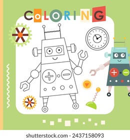 Coloring page printable for kids. Preschool drawing games for Activity book. Cute robot. Vector illustration. Square format