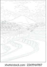 Coloring page printable with mountain view, rice fields, forest, trees, clouds.