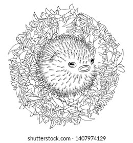 Coloring page with puffer fish in patterned style. Black white hand drawn doodle with creepy fish for art therapy. Sketch for cover, poster, print, t-shirt. Vector illustration