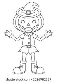 Coloring page with a pumpkin-headed character wearing a witch hat and festive outfi