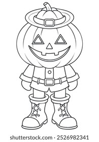 Coloring page of a pumpkin-headed character with a witch hat and festive costume