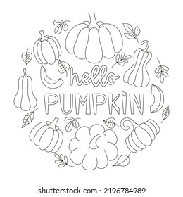 Coloring page with pumpkins for children and adults. Black and white linear vector illustration with leaves and pumpkins. Hello pumpkin. Expanded stroke