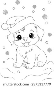 Coloring page a puppy in a Santa hat playing in the snow.