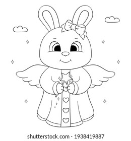 Coloring page of rabbit angel for children. Vector illustration isolated on white.