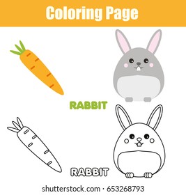 Coloring page with rabbit, bunny character. Color the picture drawing activity. Educational game for pre school aged kids, animals theme. Printable kids activity