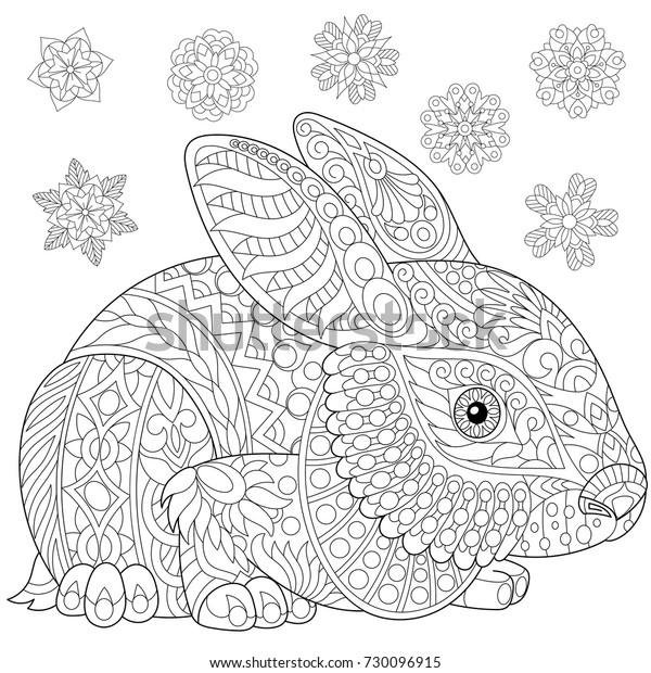 Coloring Page Rabbit Bunny Winter Snowflakes Stock Vector (Royalty Free